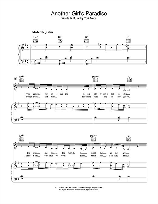 Preview Tori Amos Another Girl's Paradise Alternative sheet music, notes and chords for Piano, Vocal & Guitar (Right-Hand Melody), SKU: 36164 sheet music, piano notes, chords, guitar tabs, score, transpose, transcribe, how to play, guide, download, learn, tutorial, progression, song, artist, awards, billboard, mtv, vh1, tour, single, album, release