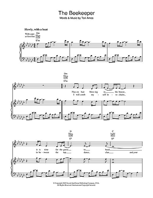 Preview Tori Amos The Beekeeper Alternative sheet music, notes and chords for Piano, Vocal & Guitar (Right-Hand Melody), SKU: 36167 sheet music, piano notes, chords, guitar tabs, score, transpose, transcribe, how to play, guide, download, learn, tutorial, progression, song, artist, awards, billboard, mtv, vh1, tour, single, album, release