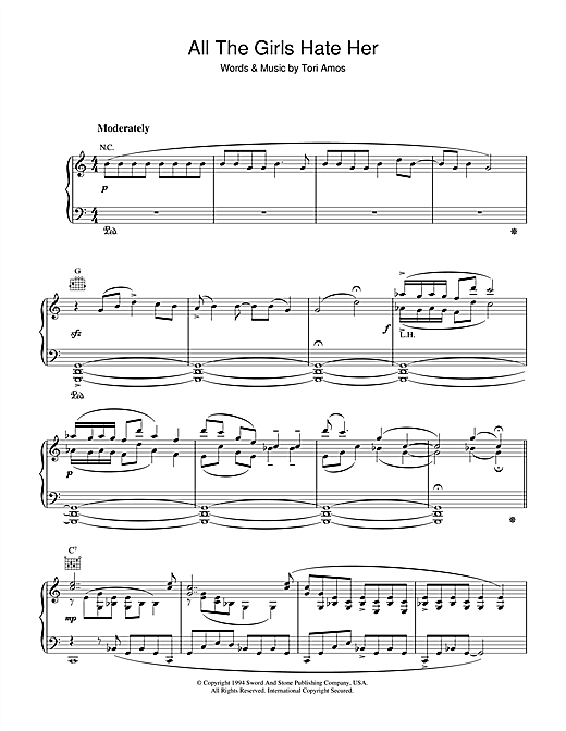 Preview Tori Amos All The Girls Hate Her Alternative sheet music, notes and chords for Piano, SKU: 36174 sheet music, piano notes, chords, guitar tabs, score, transpose, transcribe, how to play, guide, download, learn, tutorial, progression, song, artist, awards, billboard, mtv, vh1, tour, single, album, release