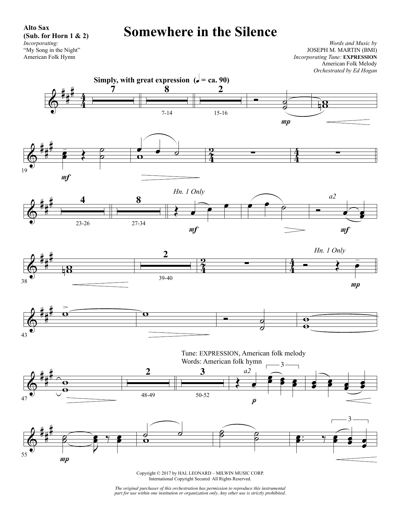 Preview Joseph M. Martin Somewhere in the Silence - Alto Sax 1-2 (sub. Horn 1-2) Sacred sheet music, notes and chords for Choral Instrumental Pak, SKU: 374558 sheet music, piano notes, chords, guitar tabs, score, transpose, transcribe, how to play, guide, download, learn, tutorial, progression, song, artist, awards, billboard, mtv, vh1, tour, single, album, release