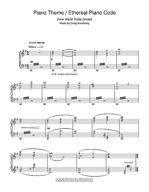 Preview Craig Armstrong Piano Theme/Ethereal Piano Code (from World Trade Center) Film and TV sheet music, notes and chords for Piano, SKU: 38288 sheet music, piano notes, chords, guitar tabs, score, transpose, transcribe, how to play, guide, download, learn, tutorial, progression, song, artist, awards, billboard, mtv, vh1, tour, single, album, release