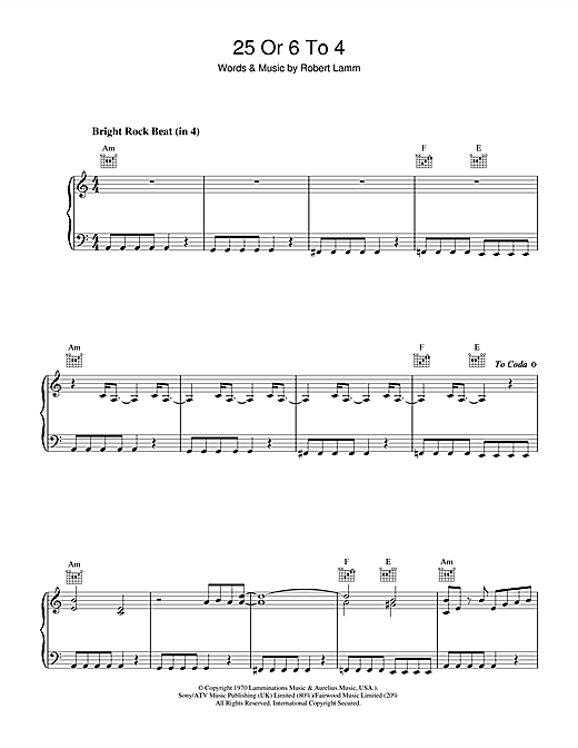 Preview Chicago 25 Or 6 To 4 Rock sheet music, notes and chords for Piano, Vocal & Guitar (Right-Hand Melody), SKU: 38426 sheet music, piano notes, chords, guitar tabs, score, transpose, transcribe, how to play, guide, download, learn, tutorial, progression, song, artist, awards, billboard, mtv, vh1, tour, single, album, release