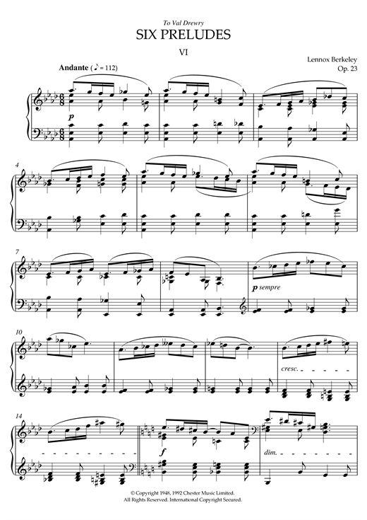 Preview Lennox Berkeley Prelude No. 6 (from Six Preludes) Classical sheet music, notes and chords for Piano, SKU: 38672 sheet music, piano notes, chords, guitar tabs, score, transpose, transcribe, how to play, guide, download, learn, tutorial, progression, song, artist, awards, billboard, mtv, vh1, tour, single, album, release