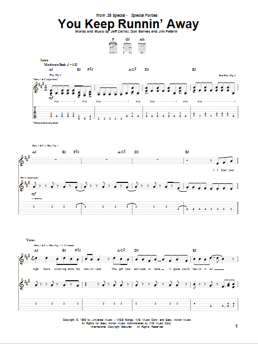 Learn to play 38 Special You Keep Runnin' Away sheet music for Guitar Tab in minutes. Price: 7.8900$ 38 Special You Keep Runnin' Away sheet music notes and chords arranged for Guitar Tab