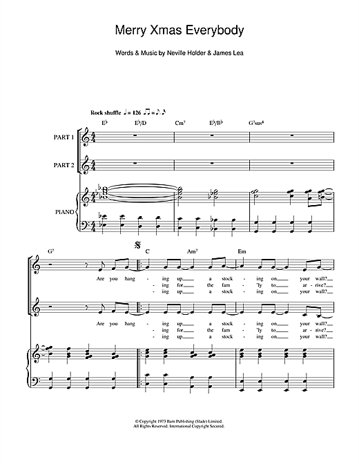 Preview Slade Merry Xmas Everybody Pop sheet music, notes and chords for 2-Part Choir, SKU: 39368 sheet music, piano notes, chords, guitar tabs, score, transpose, transcribe, how to play, guide, download, learn, tutorial, progression, song, artist, awards, billboard, mtv, vh1, tour, single, album, release
