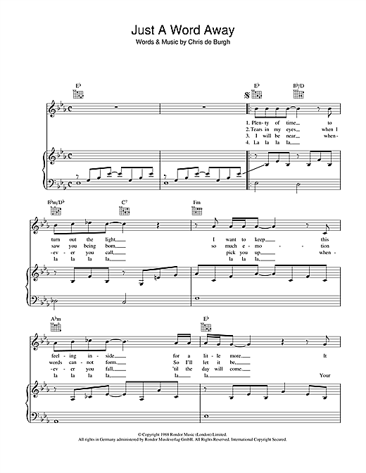 Preview Chris de Burgh Just A Word Away Rock sheet music, notes and chords for Piano, Vocal & Guitar, SKU: 39402 sheet music, piano notes, chords, guitar tabs, score, transpose, transcribe, how to play, guide, download, learn, tutorial, progression, song, artist, awards, billboard, mtv, vh1, tour, single, album, release