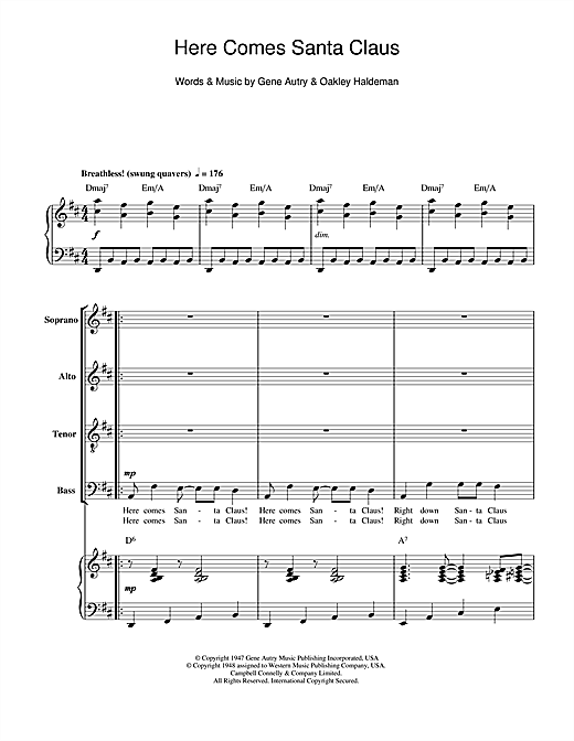 Preview Gene Autry Here Comes Santa Claus (Right Down Santa Claus Lane) Christmas sheet music, notes and chords for SATB, SKU: 39481 sheet music, piano notes, chords, guitar tabs, score, transpose, transcribe, how to play, guide, download, learn, tutorial, progression, song, artist, awards, billboard, mtv, vh1, tour, single, album, release
