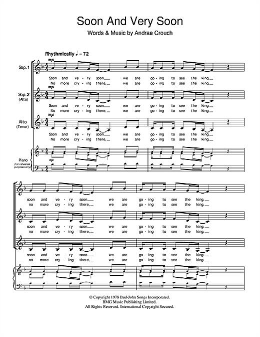 Preview Andrae Crouch Soon And Very Soon Gospel sheet music, notes and chords for SSA, SKU: 39831 sheet music, piano notes, chords, guitar tabs, score, transpose, transcribe, how to play, guide, download, learn, tutorial, progression, song, artist, awards, billboard, mtv, vh1, tour, single, album, release