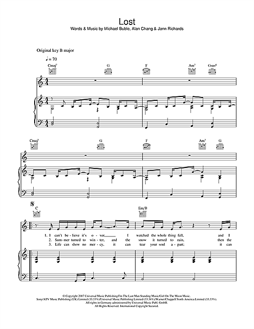 Preview Michael Buble Lost Pop sheet music, notes and chords for Piano, Vocal & Guitar, SKU: 39833 sheet music, piano notes, chords, guitar tabs, score, transpose, transcribe, how to play, guide, download, learn, tutorial, progression, song, artist, awards, billboard, mtv, vh1, tour, single, album, release