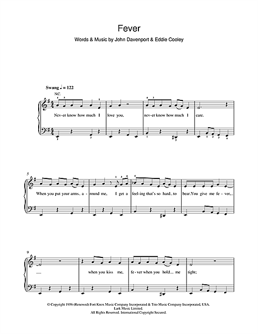 Preview Peggy Lee Fever Pop sheet music, notes and chords for Beginner Piano, SKU: 39839 sheet music, piano notes, chords, guitar tabs, score, transpose, transcribe, how to play, guide, download, learn, tutorial, progression, song, artist, awards, billboard, mtv, vh1, tour, single, album, release