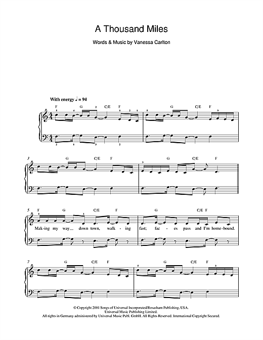 Preview Vanessa Carlton A Thousand Miles Pop sheet music, notes and chords for Beginner Piano, SKU: 39844 sheet music, piano notes, chords, guitar tabs, score, transpose, transcribe, how to play, guide, download, learn, tutorial, progression, song, artist, awards, billboard, mtv, vh1, tour, single, album, release