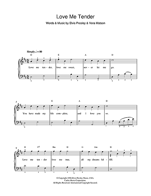 Preview Elvis Presley Love Me Tender Pop sheet music, notes and chords for Beginner Piano, SKU: 39853 sheet music, piano notes, chords, guitar tabs, score, transpose, transcribe, how to play, guide, download, learn, tutorial, progression, song, artist, awards, billboard, mtv, vh1, tour, single, album, release