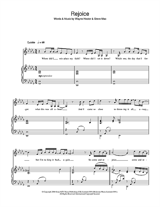 Preview Katherine Jenkins Rejoice Classical sheet music, notes and chords for Piano, Vocal & Guitar, SKU: 39893 sheet music, piano notes, chords, guitar tabs, score, transpose, transcribe, how to play, guide, download, learn, tutorial, progression, song, artist, awards, billboard, mtv, vh1, tour, single, album, release