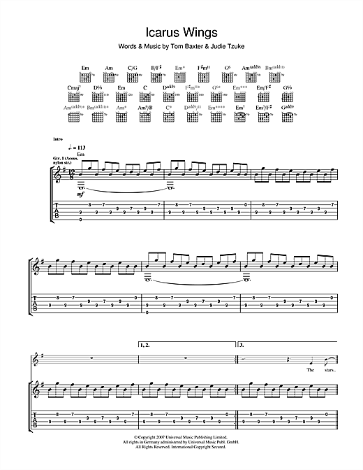 Preview Tom Baxter Icarus Wings Folk sheet music, notes and chords for Guitar Tab, SKU: 39906 sheet music, piano notes, chords, guitar tabs, score, transpose, transcribe, how to play, guide, download, learn, tutorial, progression, song, artist, awards, billboard, mtv, vh1, tour, single, album, release