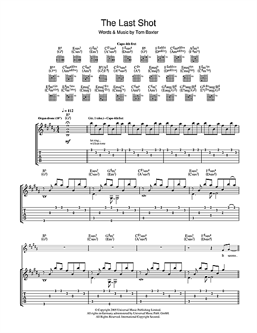 Preview Tom Baxter The Last Shot Folk sheet music, notes and chords for Guitar Tab, SKU: 39910 sheet music, piano notes, chords, guitar tabs, score, transpose, transcribe, how to play, guide, download, learn, tutorial, progression, song, artist, awards, billboard, mtv, vh1, tour, single, album, release
