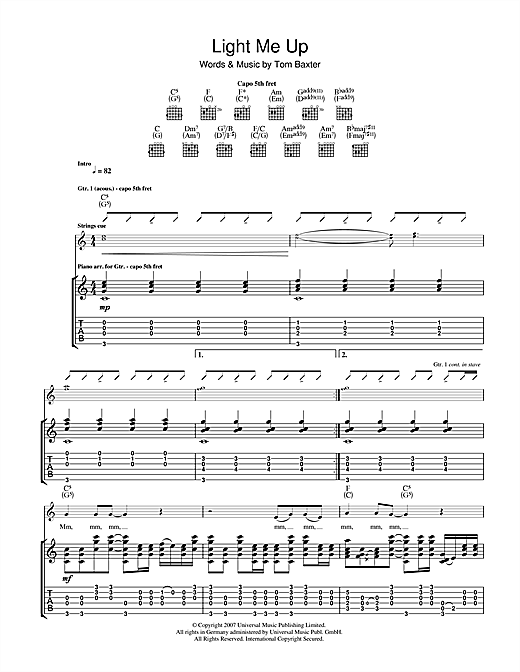 Preview Tom Baxter Light Me Up Pop sheet music, notes and chords for Guitar Tab, SKU: 39913 sheet music, piano notes, chords, guitar tabs, score, transpose, transcribe, how to play, guide, download, learn, tutorial, progression, song, artist, awards, billboard, mtv, vh1, tour, single, album, release