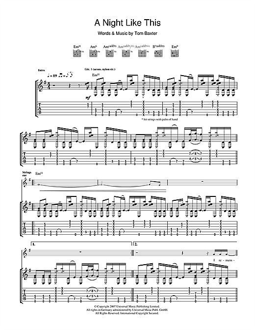 Preview Tom Baxter A Night Like This Folk sheet music, notes and chords for Guitar Tab, SKU: 39917 sheet music, piano notes, chords, guitar tabs, score, transpose, transcribe, how to play, guide, download, learn, tutorial, progression, song, artist, awards, billboard, mtv, vh1, tour, single, album, release