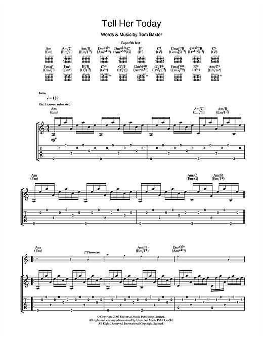 Preview Tom Baxter Tell Her Today Folk sheet music, notes and chords for Guitar Tab, SKU: 39918 sheet music, piano notes, chords, guitar tabs, score, transpose, transcribe, how to play, guide, download, learn, tutorial, progression, song, artist, awards, billboard, mtv, vh1, tour, single, album, release