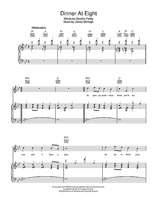 Preview Dorothy Fields Dinner At Eight Easy Listening sheet music, notes and chords for Piano, Vocal & Guitar (Right-Hand Melody), SKU: 39929 sheet music, piano notes, chords, guitar tabs, score, transpose, transcribe, how to play, guide, download, learn, tutorial, progression, song, artist, awards, billboard, mtv, vh1, tour, single, album, release