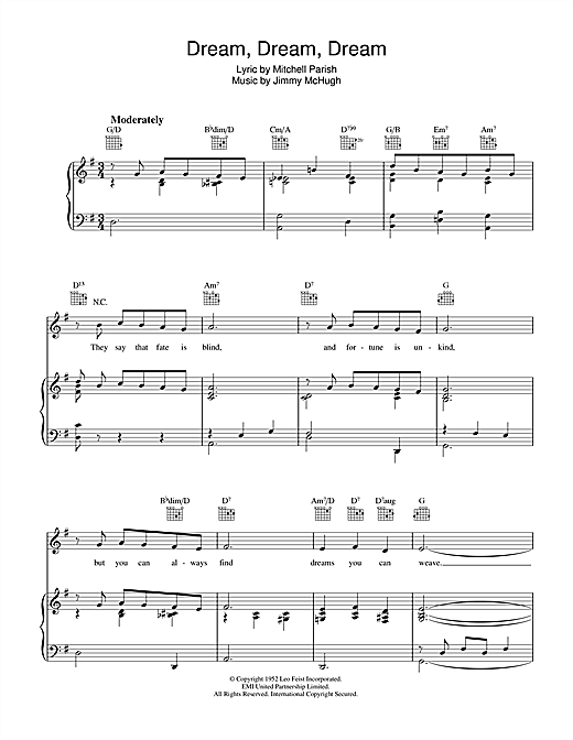 Preview Jimmy McHugh Dream Dream Dream Easy Listening sheet music, notes and chords for Piano, Vocal & Guitar (Right-Hand Melody), SKU: 39938 sheet music, piano notes, chords, guitar tabs, score, transpose, transcribe, how to play, guide, download, learn, tutorial, progression, song, artist, awards, billboard, mtv, vh1, tour, single, album, release
