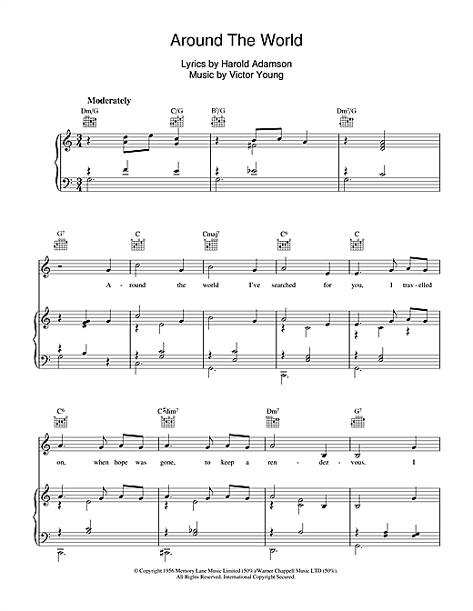 Preview Victor Young Around The World Easy Listening sheet music, notes and chords for Piano, Vocal & Guitar (Right-Hand Melody), SKU: 39946 sheet music, piano notes, chords, guitar tabs, score, transpose, transcribe, how to play, guide, download, learn, tutorial, progression, song, artist, awards, billboard, mtv, vh1, tour, single, album, release