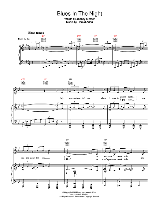 Preview Johnny Mercer Blues In The Night (My Mama Done Tol' Me) Jazz sheet music, notes and chords for Piano, Vocal & Guitar (Right-Hand Melody), SKU: 39950 sheet music, piano notes, chords, guitar tabs, score, transpose, transcribe, how to play, guide, download, learn, tutorial, progression, song, artist, awards, billboard, mtv, vh1, tour, single, album, release