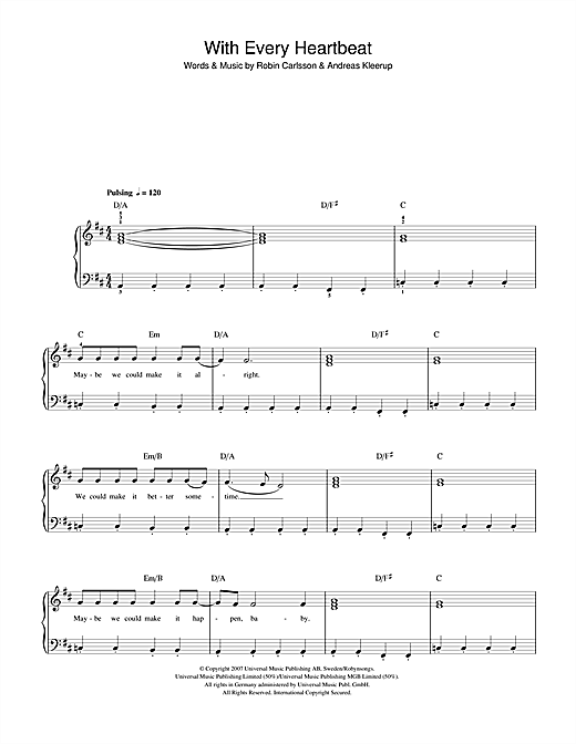 Preview Robyn With Every Heartbeat Pop sheet music, notes and chords for Beginner Piano, SKU: 39960 sheet music, piano notes, chords, guitar tabs, score, transpose, transcribe, how to play, guide, download, learn, tutorial, progression, song, artist, awards, billboard, mtv, vh1, tour, single, album, release