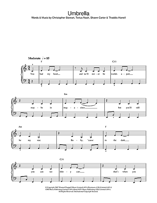Preview Rihanna Umbrella (feat. Jay-Z) R & B sheet music, notes and chords for Beginner Piano, SKU: 39968 sheet music, piano notes, chords, guitar tabs, score, transpose, transcribe, how to play, guide, download, learn, tutorial, progression, song, artist, awards, billboard, mtv, vh1, tour, single, album, release