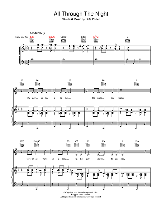 Preview Cole Porter All Through The Night Jazz sheet music, notes and chords for Piano, Vocal & Guitar (Right-Hand Melody), SKU: 39971 sheet music, piano notes, chords, guitar tabs, score, transpose, transcribe, how to play, guide, download, learn, tutorial, progression, song, artist, awards, billboard, mtv, vh1, tour, single, album, release
