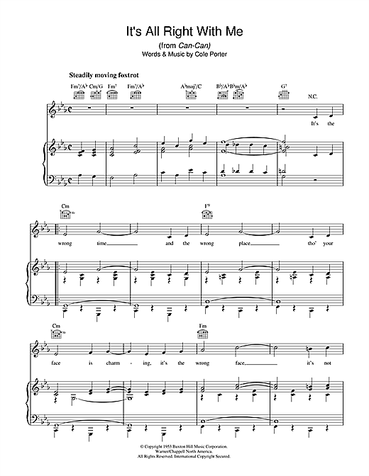 Preview Cole Porter It's All Right With Me Jazz sheet music, notes and chords for Piano, Vocal & Guitar (Right-Hand Melody), SKU: 39973 sheet music, piano notes, chords, guitar tabs, score, transpose, transcribe, how to play, guide, download, learn, tutorial, progression, song, artist, awards, billboard, mtv, vh1, tour, single, album, release