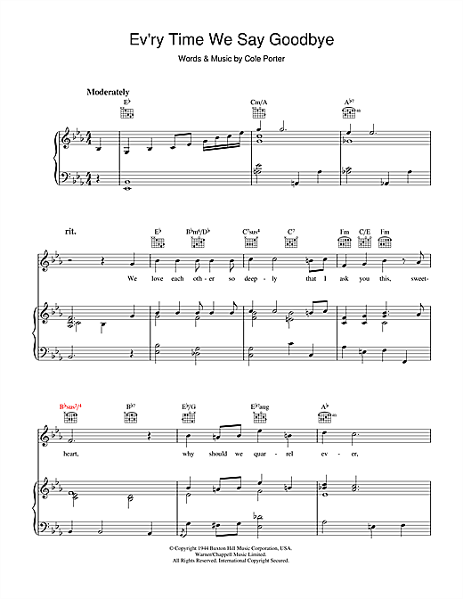 Preview Cole Porter Ev'ry Time We Say Goodbye Jazz sheet music, notes and chords for Piano, Vocal & Guitar (Right-Hand Melody), SKU: 39975 sheet music, piano notes, chords, guitar tabs, score, transpose, transcribe, how to play, guide, download, learn, tutorial, progression, song, artist, awards, billboard, mtv, vh1, tour, single, album, release