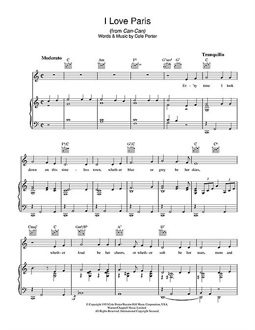 Preview Cole Porter I Love Paris Jazz sheet music, notes and chords for Piano, Vocal & Guitar (Right-Hand Melody), SKU: 39977 sheet music, piano notes, chords, guitar tabs, score, transpose, transcribe, how to play, guide, download, learn, tutorial, progression, song, artist, awards, billboard, mtv, vh1, tour, single, album, release