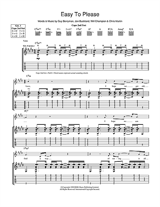 Preview Coldplay Easy To Please Rock sheet music, notes and chords for Guitar Tab, SKU: 39978 sheet music, piano notes, chords, guitar tabs, score, transpose, transcribe, how to play, guide, download, learn, tutorial, progression, song, artist, awards, billboard, mtv, vh1, tour, single, album, release