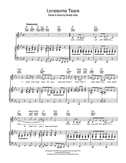 Preview Buddy Holly Lonesome Tears Rock N Roll sheet music, notes and chords for Piano, Vocal & Guitar (Right-Hand Melody), SKU: 39981 sheet music, piano notes, chords, guitar tabs, score, transpose, transcribe, how to play, guide, download, learn, tutorial, progression, song, artist, awards, billboard, mtv, vh1, tour, single, album, release