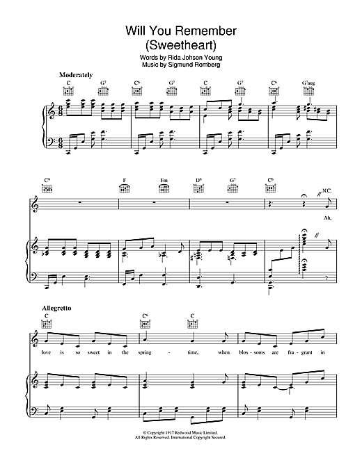 Preview Sigmund Romberg Will You Remember Easy Listening sheet music, notes and chords for Piano, Vocal & Guitar (Right-Hand Melody), SKU: 39985 sheet music, piano notes, chords, guitar tabs, score, transpose, transcribe, how to play, guide, download, learn, tutorial, progression, song, artist, awards, billboard, mtv, vh1, tour, single, album, release