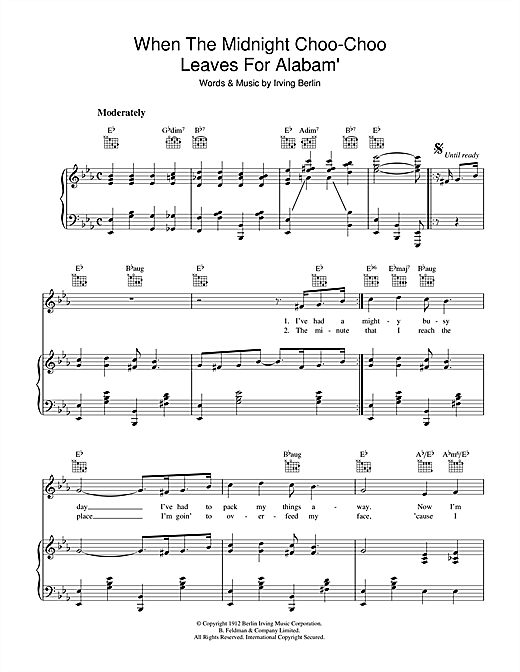 Preview Irving Berlin When The Midnight Choo Choo Leaves For Alabam' Easy Listening sheet music, notes and chords for Piano, Vocal & Guitar (Right-Hand Melody), SKU: 39992 sheet music, piano notes, chords, guitar tabs, score, transpose, transcribe, how to play, guide, download, learn, tutorial, progression, song, artist, awards, billboard, mtv, vh1, tour, single, album, release