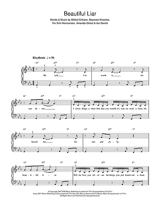 Preview Beyoncé & Shakira Beautiful Liar R & B sheet music, notes and chords for Beginner Piano, SKU: 39998 sheet music, piano notes, chords, guitar tabs, score, transpose, transcribe, how to play, guide, download, learn, tutorial, progression, song, artist, awards, billboard, mtv, vh1, tour, single, album, release