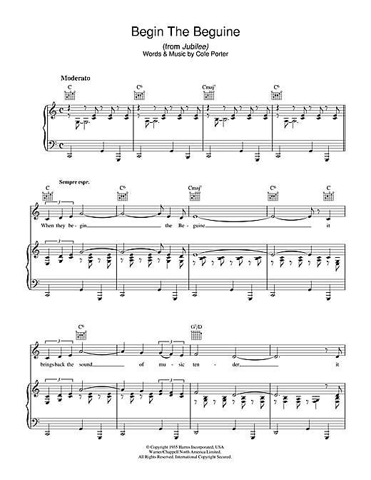 Preview Cole Porter Begin The Beguine Jazz sheet music, notes and chords for Piano, Vocal & Guitar (Right-Hand Melody), SKU: 39999 sheet music, piano notes, chords, guitar tabs, score, transpose, transcribe, how to play, guide, download, learn, tutorial, progression, song, artist, awards, billboard, mtv, vh1, tour, single, album, release