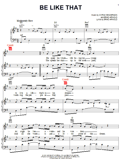 3 Doors Down Be Like That sheet music notes and chords. Download Printable PDF.