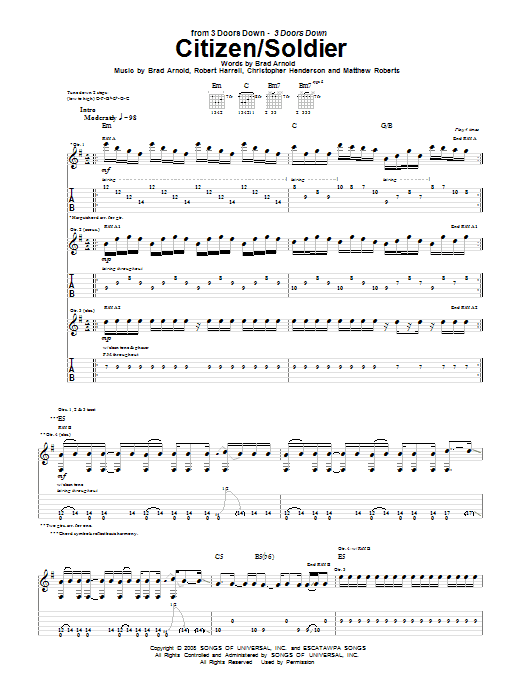 Learn to play 3 Doors Down Citizen/Soldier sheet music for Guitar Tab in minutes. Price: 7.8900$ 3 Doors Down Citizen/Soldier sheet music notes and chords arranged for Guitar Tab