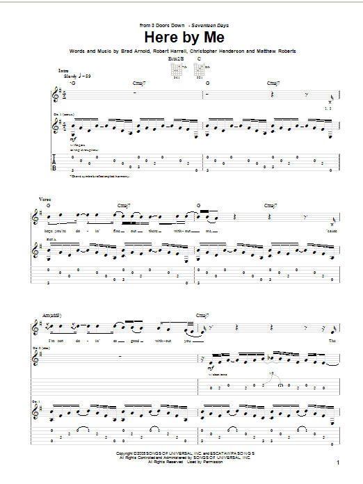 3 Doors Down Here By Me Sheet Music Notes Chords Download Printable Guitar Tab Sku 50833