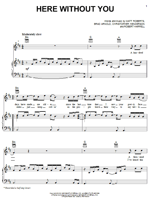 Learn to play 3 Doors Down Here Without You sheet music for Guitar Tab in minutes. 3 Doors Down Here Without You sheet music notes and chords. Download Printable PDF.