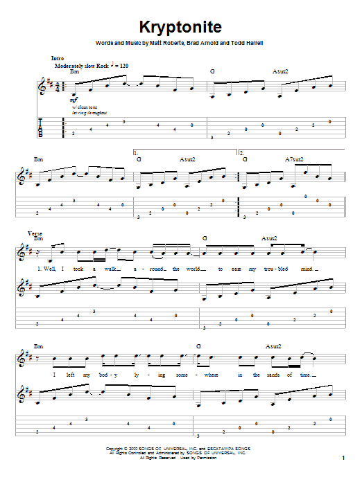 3 Doors Down Kryptonite sheet music notes and chords. Download Printable PDF.