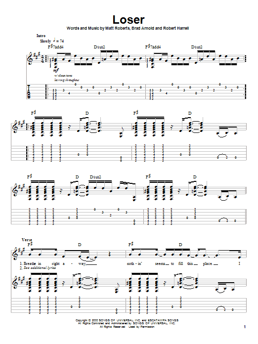 3 Doors Down Loser sheet music notes and chords. Download Printable PDF.