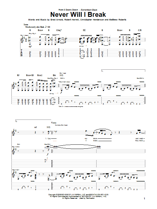 Learn to play 3 Doors Down Never Will I Break sheet music for Piano, Vocal & Guitar (Right-Hand Melody) in minutes. 3 Doors Down Never Will I Break sheet music notes and chords. Download Printable PDF.