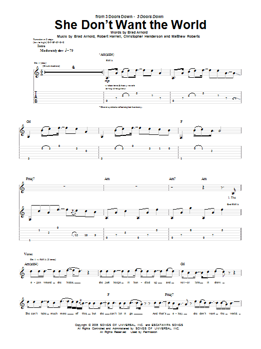 Learn to play 3 Doors Down She Don't Want The World sheet music for Piano, Vocal & Guitar (Right-Hand Melody) in minutes. 3 Doors Down She Don't Want The World sheet music notes and chords. Download Printable PDF.