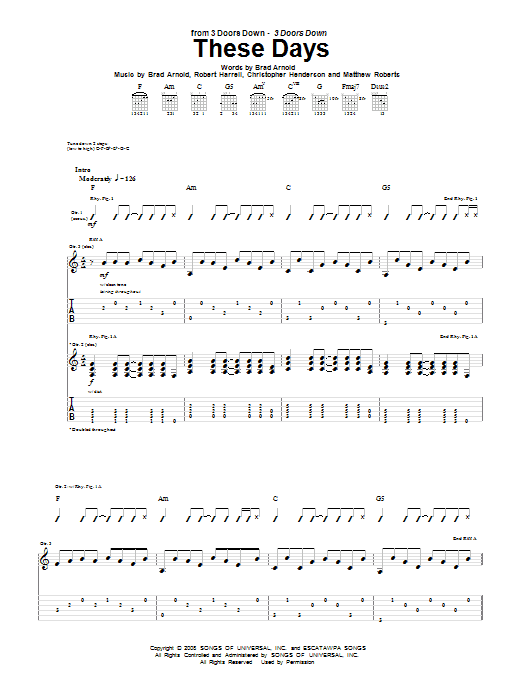 Learn to play 3 Doors Down These Days sheet music for Guitar Tab in minutes. Price: 7.8900$ 3 Doors Down These Days sheet music notes and chords arranged for Guitar Tab