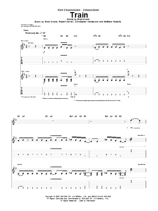 Learn to play 3 Doors Down Train sheet music for Guitar Tab in minutes. Price: 7.8900$ 3 Doors Down Train sheet music notes and chords arranged for Guitar Tab
