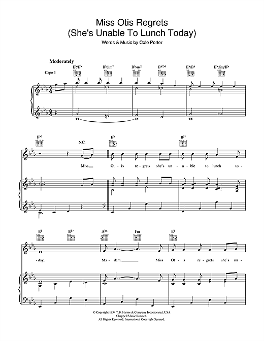 Preview Cole Porter Miss Otis Regrets Jazz sheet music, notes and chords for Piano, Vocal & Guitar (Right-Hand Melody), SKU: 40005 sheet music, piano notes, chords, guitar tabs, score, transpose, transcribe, how to play, guide, download, learn, tutorial, progression, song, artist, awards, billboard, mtv, vh1, tour, single, album, release