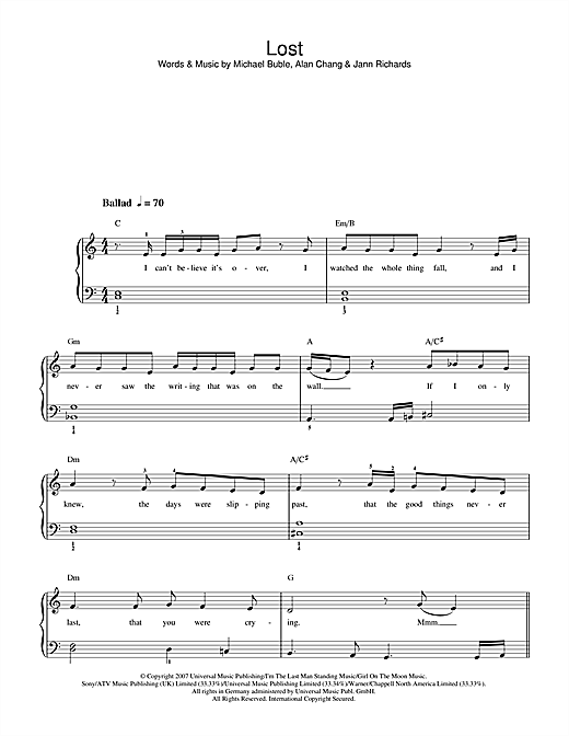 Preview Michael Buble Lost Pop sheet music, notes and chords for Beginner Piano, SKU: 40006 sheet music, piano notes, chords, guitar tabs, score, transpose, transcribe, how to play, guide, download, learn, tutorial, progression, song, artist, awards, billboard, mtv, vh1, tour, single, album, release